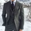 Серый шерстяной твидовые костюмы для зимнего свадебного формального жениха смокинг 3 куски елочка мужской модный набор жилет с брюками L220702