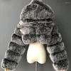 女性の毛皮のファッションフード付きフェイクコート女性2022冬の濃い暖かい毛皮のオーバーコートエレガントな豪華なクロップジャケットフェムショート厚いジャケット