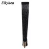 Boots Eilyken Fashion Runway Crystal Stretch Fabric Sock Over-the-Knee Boot Thigh High Pointed Toe Woman Stiletto Heel Shoes 221119