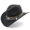 Bérets Mistdawn Mode Femmes Hommes Laine Mélange Large Bord Western Cowboy Chapeau Cowgirl Caps Jazz Cap Bohême Gland Ruban Bande Taille 56-58cm