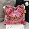 Women F/W Pink Tweed Shopping Bags Fur Quilted Embroidery Gold Hardware Leather Chain With Purse French Designer Outdoor Trend Large Capacity Lady Handbags 36x33CM