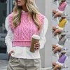 Pink Cable-Knitted Sweater Vest Women Vintage High Neck Sleeveless Cropped SweaterWoman Fashion Cute Vests Tops