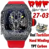 RMF ysf27-03 Orologio da uomo Real Tourbillon Meccanico a carica manuale Nero TPT Cassa interamente in fibra di carbonio Quadrante scheletro Cinturino in nylon rosso Super Edition Sport eternity Orologi