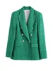 Ternos femininos Blazers Traf Mulheres Moda de Tweed Tweed Green Blazer Coat vintage Manga longa Pockets femininos