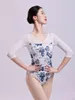 Scene Wear Women's Printed Ballet Leotard med Mesh Sleees Ballerina Dance Practice Clothes Gymnastics Bodysuit Girls Costume W22072