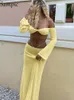 Pantaloni a due pezzi da donna Sampic con spalle scoperte Crop Top Bodycon Maxi Gonna 2 pezzi Set Camis manica lunga Top Bandage Skirt Beach Summer Outfit T221012