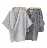 Simple Wave 100 Shorts de algodón Pajamas Hombres de mangas cortas Sleepwear Japonés Kimono Pajamas Juntos pantalones cortos de casas de baño en casa Bedrown