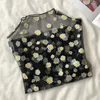 Damesblouses Zomer Dames Casual Blouse Mesh Transpatent Daisy Flower Printed Tops Meisjes Coltrui See Through Shirts