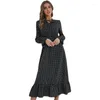 Casual kl￤nningar v￥rens h￶stkl￤der f￶r kvinnor l￥ng￤rmad smal a-line kausal maxi kl￤nning 2022 mode dot tryckt robe longue femme vestido