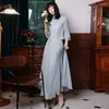 Ethnic Clothing Grey Chinese Cheongsam Wedding Long Sleeve Shirt&Mesh Skirt Suit Satin Women Celebrity Banquet Gown Vintage Robe De