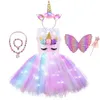 Occasioni speciali Purim Costume da unicorno per ragazze con tutù a luce LED Ali Paillettes Tuta cosplay per bambini per regalo festa di compleanno 221118