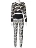 Kvinnor S Two Piece Pants Hugcitar Print Långärmad lapptäcke Sexig Slim Crop Top Shirt 2 st.