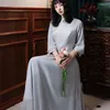 Ethnic Clothing Grey Chinese Cheongsam Wedding Long Sleeve Shirt&Mesh Skirt Suit Satin Women Celebrity Banquet Gown Vintage Robe De