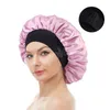 Verstellbare doppellagige Satin-Mütze für Damen, breites Band, Turban, Nachtschlafmütze, einfarbig, weicher Kopfwickel, langes lockiges Haar