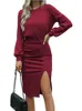 Casual klänningar Elegant höst stickad bodycon klänning för kvinnor långärmad hög midja ruched slits svart klänning damer casual vestido kläder 221119