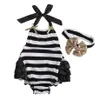 Whole Sell 2016 Summer幼児の女の赤ちゃんの服の服Onepieces Stripe Girls Bodysuit Bow Headband Kids outfit set236a6692864