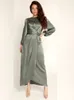 Robes décontractées Vintage Satin Robe élégante femmes lanterne manches ceinture à lacets froncé mince fente soirée maxi robes pour la fête et le mariage 221119