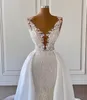 Designer Mermaid Wedding Dresses Bridal Gown Lace Applique Beaded with Overskirt Custom Made Sweep Train Vestidos De Novia Plus Size