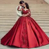 Red Beaded Ball Gown Wedding Dresses With Long Sleeves Appliques Sheer V Neck Bridal Gowns Satin Sweep Train Wedding Dress