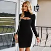 Casual Dresses Elegant Jacquard Knitting Cutout Black Mini Dress Sexig Hip Wrap V Neck Skinny Party Dress Clubwear Evening Vestidos Ladies 221119