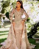 Luxury Gold Sparkly Dubai Arabic Prom Dresses With Detachable Train Pearls Rhinestones Beaded Celebrity Evening Gowns Long Sleeves Second Reception Dress CL1476