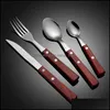 Spoons Wood Handle Spoon Fork Knife Cutlery Set Stainless Steel Home Kitchen Dining Flatware Ice Cream Dessert Steak Forks Spoons Ta Dhr1N