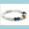 Pulseiras de alta qualidade com miçangas no atacado de 8 mm White Howlite Blue Sea enviou contas de pedra imperial Gold Sier Lion Head Drop Deliver