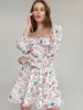 Sıradan Elbise Çiçek Elbise Kadın Fener Uzun Kollu Dantel Baskı Bir Çizgi Kare Boyun Kravat Mini Vestidos Seksi Şık Yaz Plaj Elbise 221119