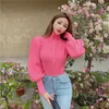 Women's Sweaters New 2022 Winter Turtleneck Sweaters Women Long Lantern Sleeve Pink Black White Or Beige Single Buttons Thicken Pullovers Jumpers T221019