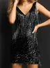 Vestidos casuais Sexy Deep V Tamels sem mangas Mini vestido mulheres Glitter Glitter Clubwear Party Prom Night Bodycon vestidos femmo vestidos verão 221119