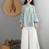 エスニック服中国語スタイルの女性のレトロなシャツ​​スタンドカラーバックルルーズナショナルウーマンブルーセタンスーツ伝統的なコート女性