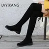 Buty Nausk uda wysokie kobiety zimowe kobiety nad kolan płaskie rozciąganie seksowne buty modowe czarne botas Mujer 221119