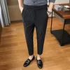 Men's Suits 2022 Striped Navy Blue Pants Men Elegant Slim Fit Tight-ankle Suit Trousers For Office Party Mens Dress