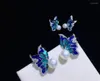 Studoor oorbellen 9-10 mm Natuurlijk zoet water parel earring blauwe kleur insecten vlinder 925 sterling zilver met kubieke zirkoon stokkachelvernis