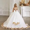 Girl Dresses FATAPAESE Luxury Princess Ball Gowns For Kids Flower Golden Appqulies Long Sleeve Maxi Dress Satin Cathedral Train