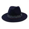 Berets Men Women Wide Brim voelde Fedora Panama Hat met Belt Buckle Jazz Trilby Cap Party Formal Top HF182