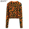 Women's Knits Tees Zevity New Women Vintage Animal Pattern Stampa Maglione lavorato a maglia corto Lady Chic O Neck Manica lunga Pullover sottile Crop Top SW1078 T221012