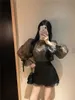 Women's Two Piece Pants Chic Girl Outfits 3 Piece Sets Flare Sleeve Mesh Shirt Black Lace Camis Vest High Waist Mini Shorts Fashion 3pc Matching Suit T221012