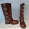 Stiefel für Damen, hohe Stiefel, Miu-Designer-Schuhe, Y2K-Stil, braunes Leder, Biker-Stiefel, runde Spitze, klobiger Absatz, Martin-Stiefel, Gürtelschnallenbesatz