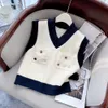 VEST KVINNOR CREPPED Sweater Black White V-hals Patchwork Topps Sticked Chic Button Spring Autumn rygg ärmlös Vintage 2023