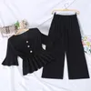 Women's Two Piece Pants Summer Clothes For Women Suit Fashion V-neck Lotus Swing Crop Top High Waist Slim Wide Leg Set Women's Tracksuit