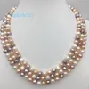 Chains Genuine 3 Rows 8-9MM Natural White Pink Purple Freshwater Pearl Necklace