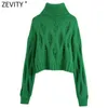 Zevity nouvelles femmes mode col haut déchiré conception lâche vert court tricot pull femme à manches longues culture pulls hauts SW997 T221012