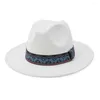 Berets Men Women Wide Brim voelde Fedora Panama Hat met Belt Buckle Jazz Trilby Cap Party Formal Top HF182