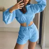 Women's Two Piece Pants Women Solid Two Piece Set Puff Sleeve Hooded Top Fashion Shorts Set Lace-Up Solid Two-Piece Sportswear Hoodie Outfit Mujer T221012