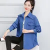 Camicette da donna # 3420 Camicie di jeans blu Colletto rovesciato Camicia di jeans casual Maniche lunghe Capispalla allentato di media lunghezza