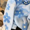 Vrouwen trui gebreide blauwe bloemen parel losse lange mouw o-neck pullovers Koreaanse chique kleding herfst winter jumpers 2023