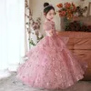 Vestidos de meninas de flores rosa para casamento de lantejoulas de lantejoulas Appliques de babados infantis com manga de tampa Long Beach Girl's Girl's GOWNS 403