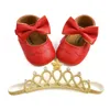 First Walkers 2022 Lovely Baby Princess Shoes And Headset Set Cute Bowknot Flats Crown Hairband For Infant Girls Leather