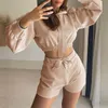 Women's Two Piece Pants Women Solid Two Piece Set Puff Sleeve Hooded Top Fashion Shorts Set Lace-Up Solid Two-Piece Sportswear Hoodie Outfit Mujer T221012